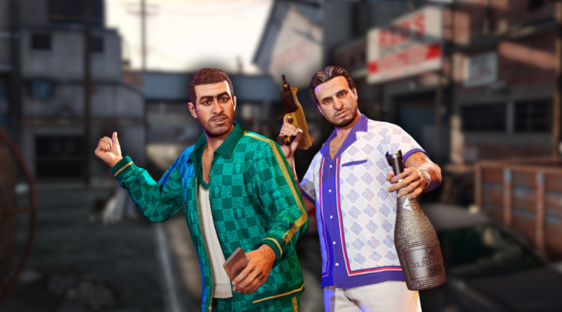 Custom graphic for a GTA Online Salvage Yard guide featuring character artwork of Yusuf Amir and Jamal Amir with a blurred background